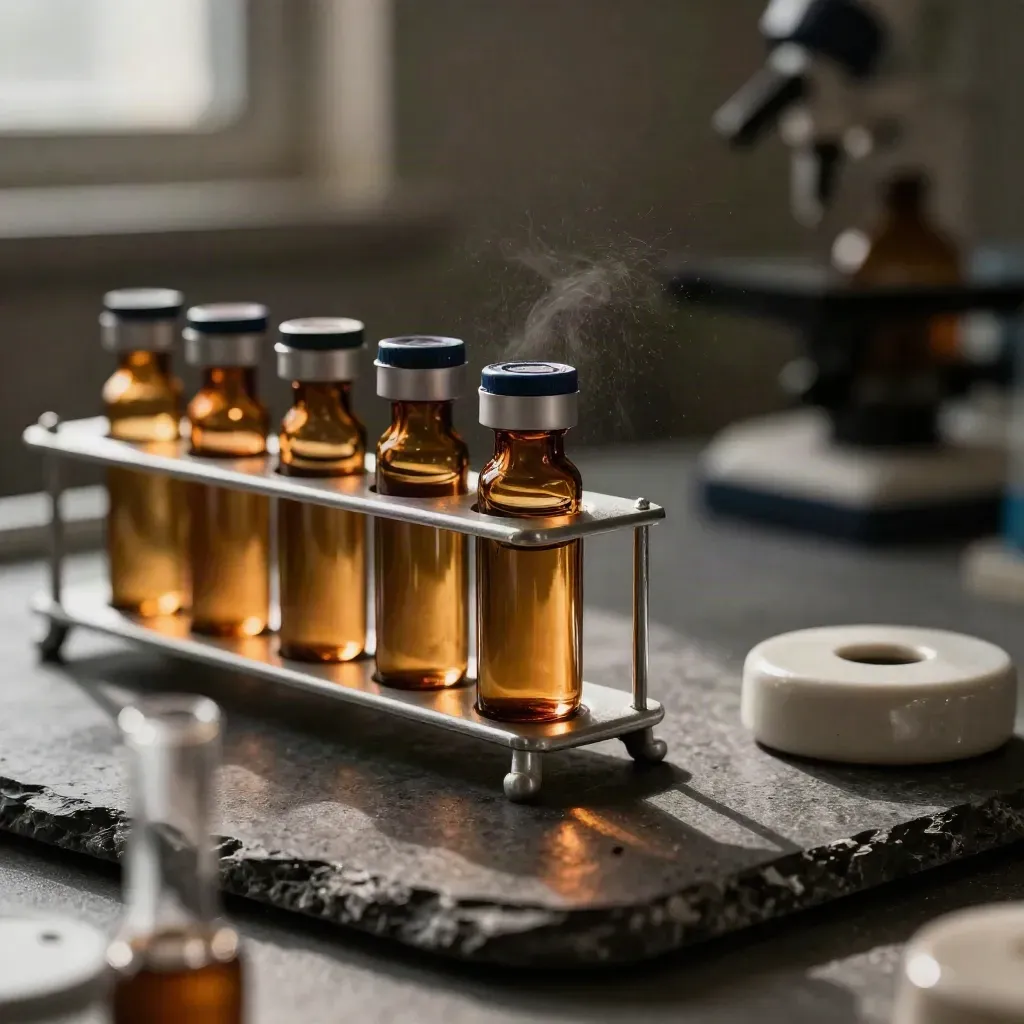 Amber lab vials, aluminum rack, and ceramic weight on dark stone, dramatic biotech still life.