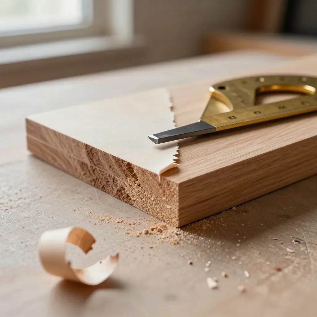 Cedar joinery tools and veneer on a wood bench with dust motes and warm light.