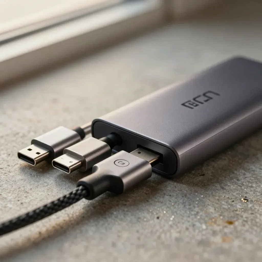 USB-C hub, right-angle adapter, and braided cable in a tight macro still life on stone.