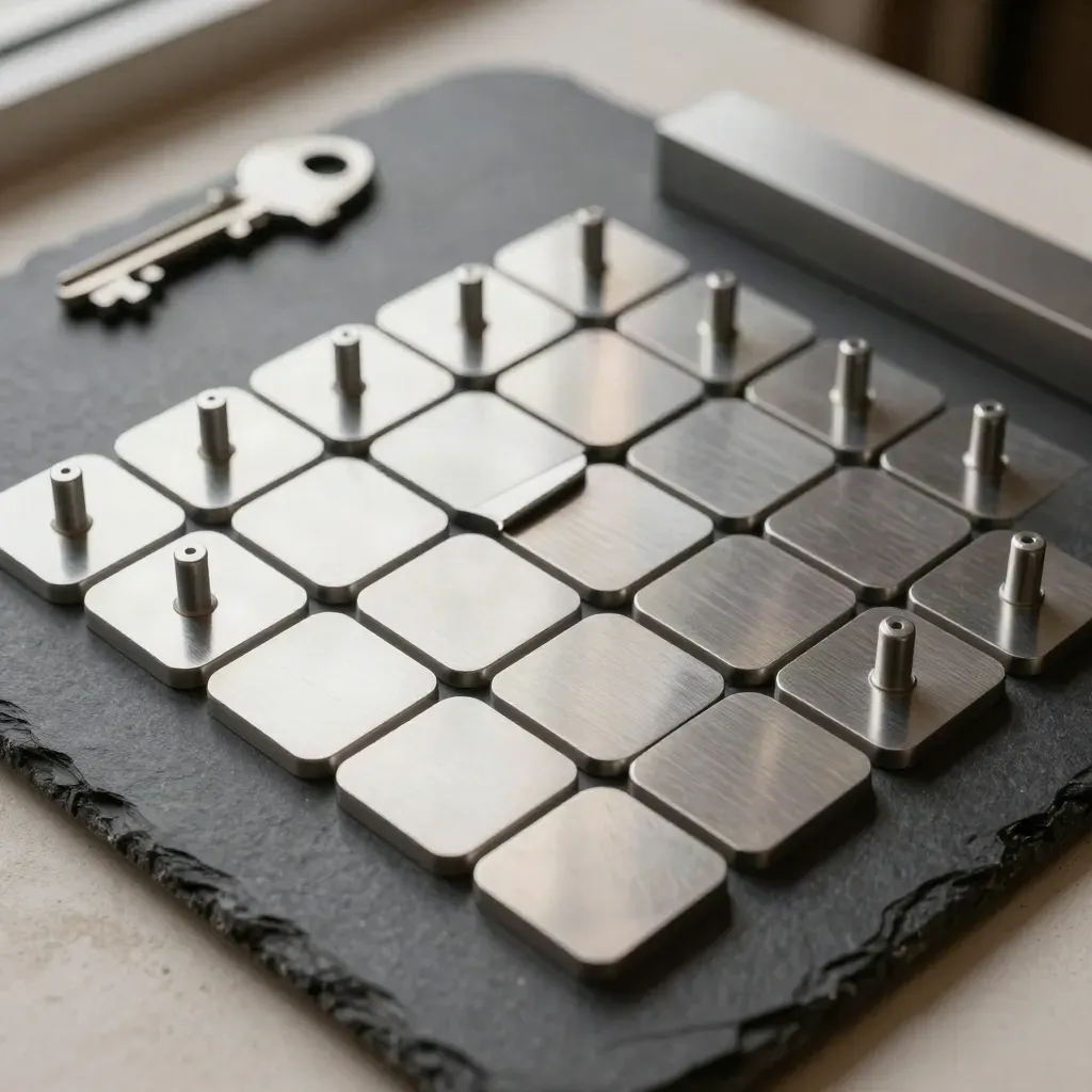 Overhead still life of anodized metal tiles, spacer pegs, and an alignment block on graphite stone.