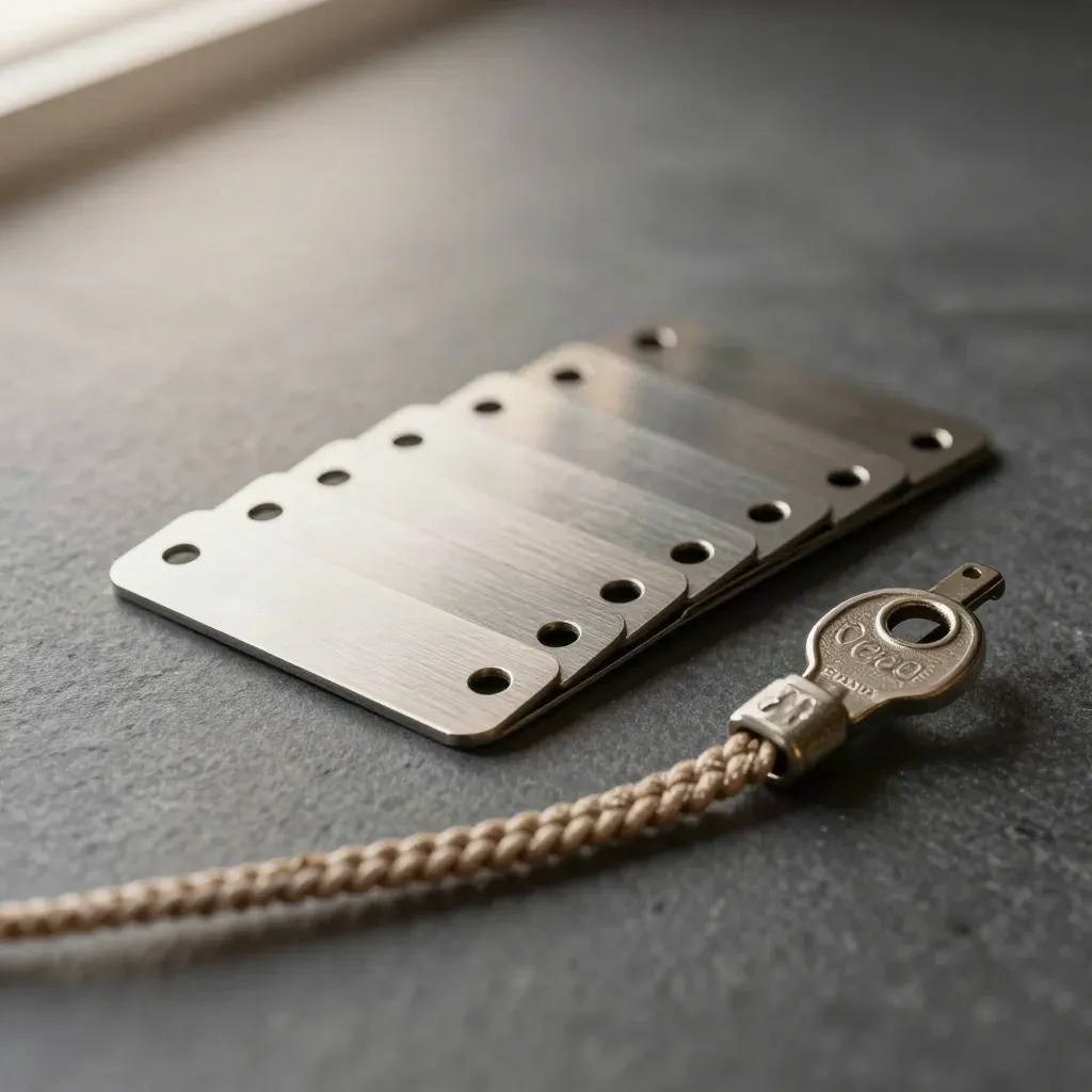 Metal tabs, hardware key, and patch lead on graphite stone in soft daylight.