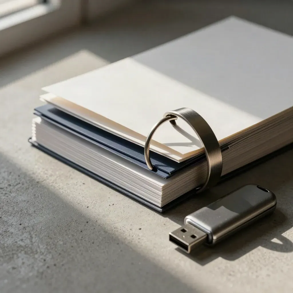 Overhead macro of onboarding docs ring binder, tab dividers, and a ready USB drive on concrete.